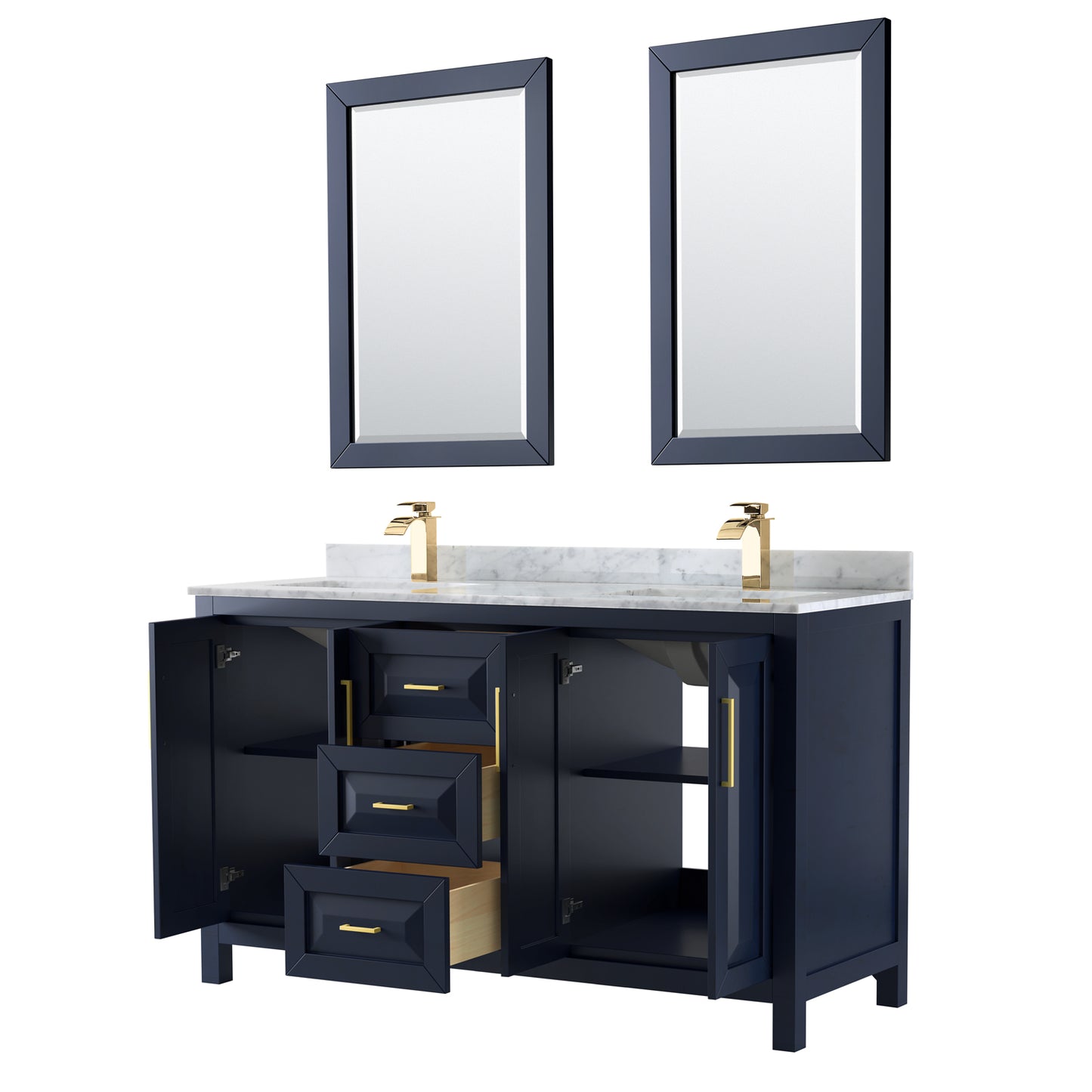 Daria 60" Double Vanity in Dark Blue, Top, Square Sinks, 24" Mirrors