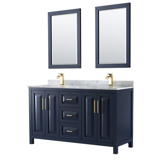 Daria 60" Double Vanity in Dark Blue, Top, Square Sinks, 24" Mirrors