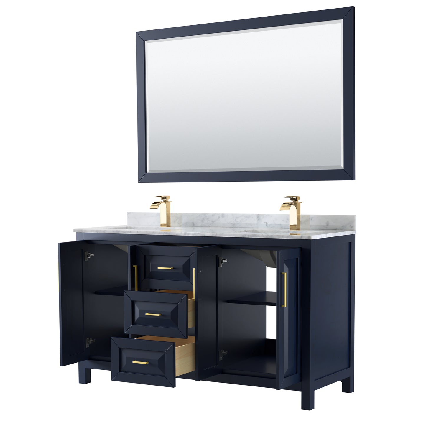 Daria 60" Double Vanity in Dark Blue, Top, Square Sinks, 58" Mirror