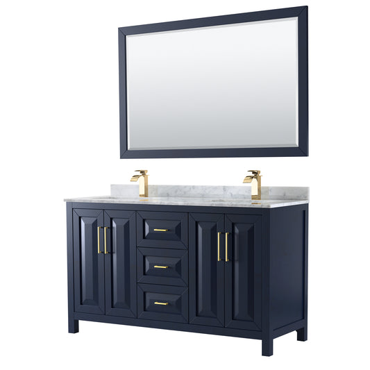 Daria 60" Double Vanity in Dark Blue, Top, Square Sinks, 58" Mirror