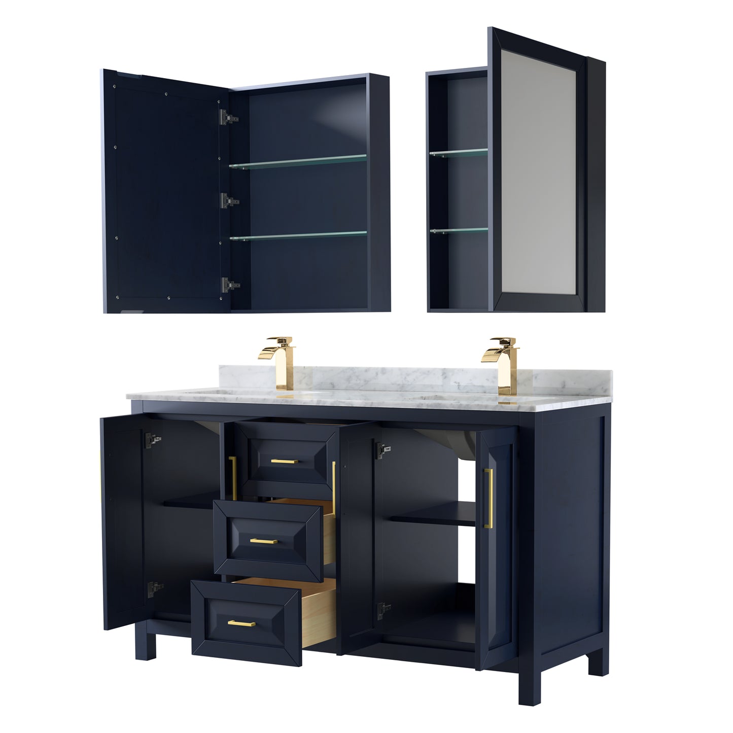 Daria 60" Double Vanity in Dark Blue, Top, Square Sinks, Medicine Cabinets