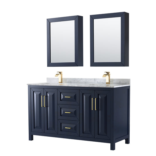 Daria 60" Double Vanity in Dark Blue, Top, Square Sinks, Medicine Cabinets