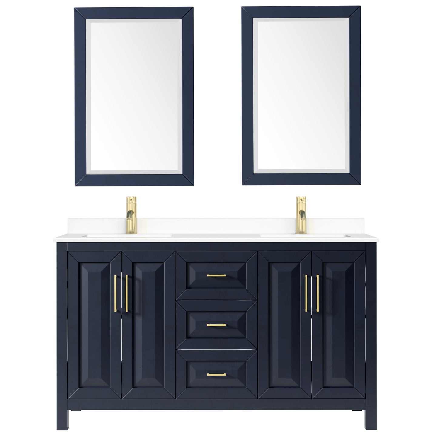 Daria 60" Double Vanity in Dark Blue, White Cultured Marble Top, 24" Mirrors