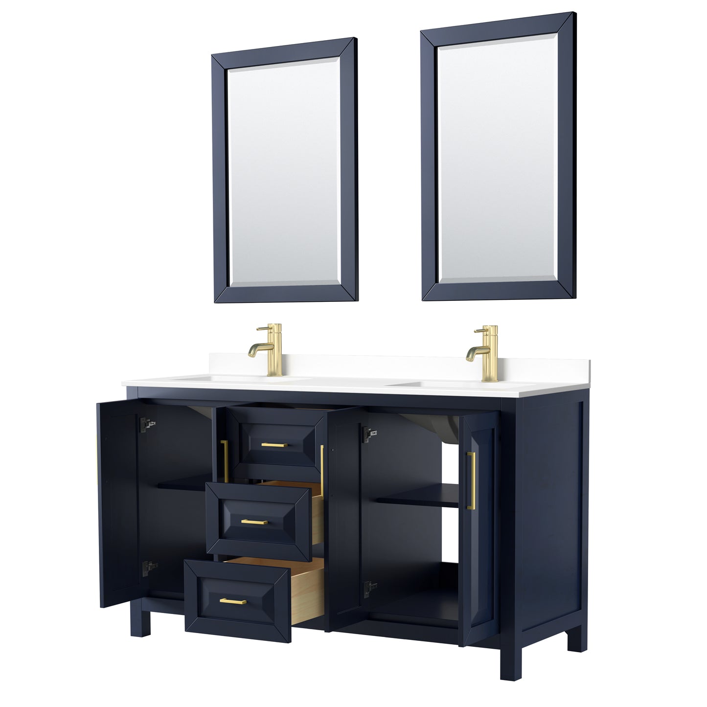 Daria 60" Double Vanity in Dark Blue, White Cultured Marble Top, 24" Mirrors
