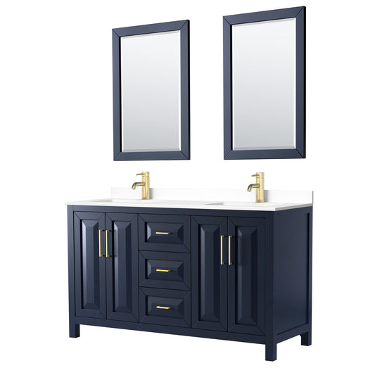 Daria 60" Double Vanity in Dark Blue, White Cultured Marble Top, 24" Mirrors