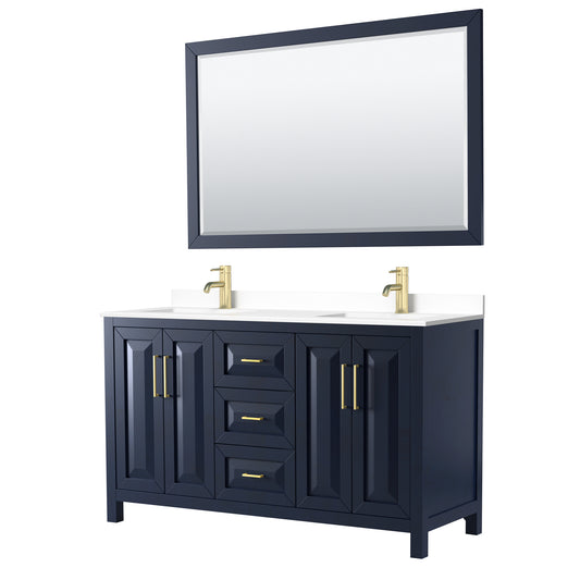 Daria 60" Double Vanity in Dark Blue, White Cultured Marble Top, 58" Mirror