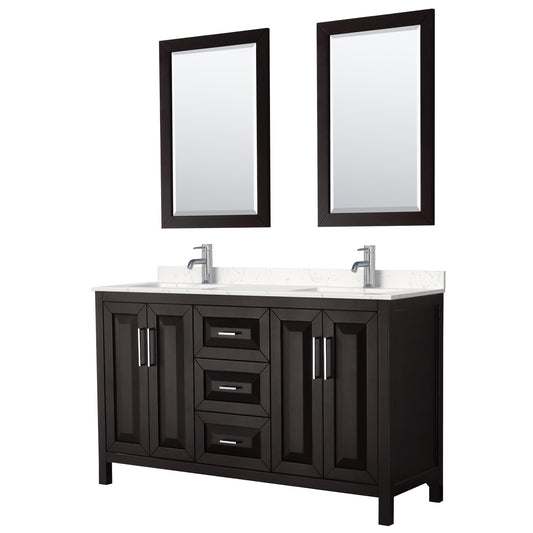 Daria 60" Double Vanity in Espresso, Carrara Cultured Marble Top, 24" Mirrors