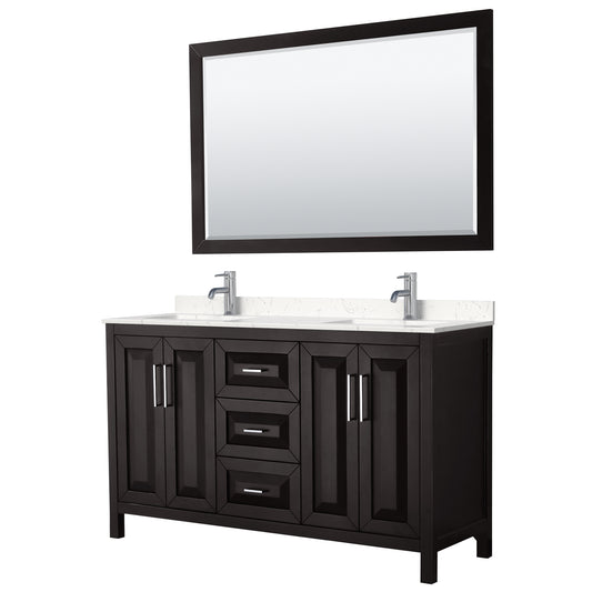 Daria 60" Double Vanity in Espresso, Carrara Cultured Marble Top, 58" Mirror