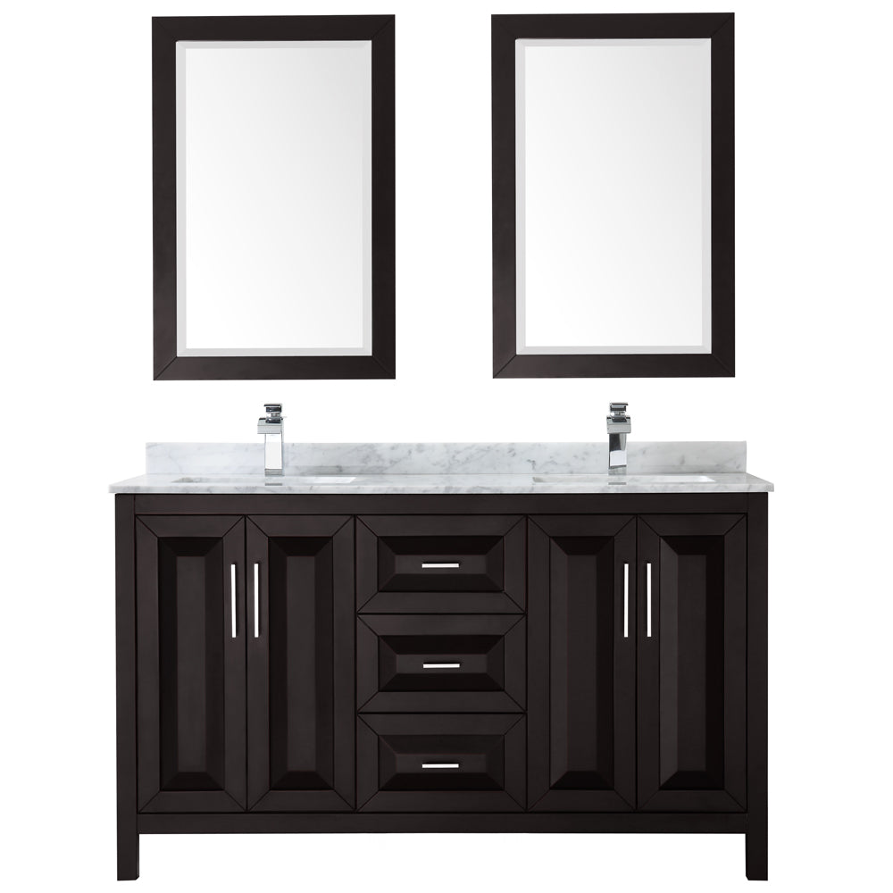 Daria 60" Double Vanity in Dark Espresso, Top, Square Sinks, 24" Mirrors