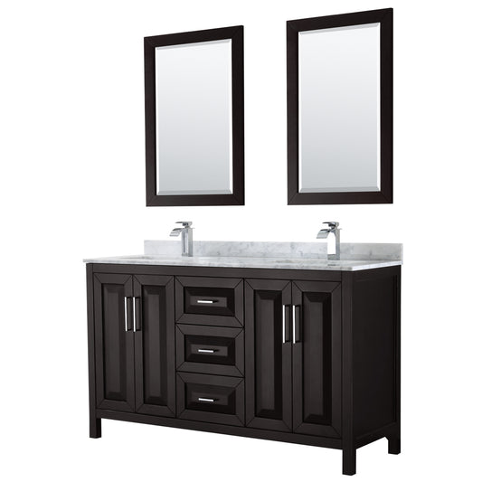 Daria 60 inch Double Bathroom Vanity in Dark Espresso, White Carrara Marble Countertop, Undermount Square Sinks, and 24 inch Mirrors