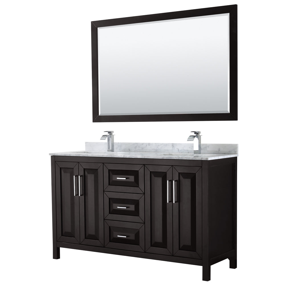 Daria 60 inch Double Bathroom Vanity in Dark Espresso, White Carrara Marble Countertop, Undermount Square Sinks, and 58 inch Mirror