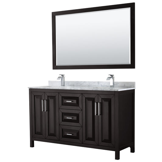 Daria 60 inch Double Bathroom Vanity in Dark Espresso, White Carrara Marble Countertop, Undermount Square Sinks, and 58 inch Mirror