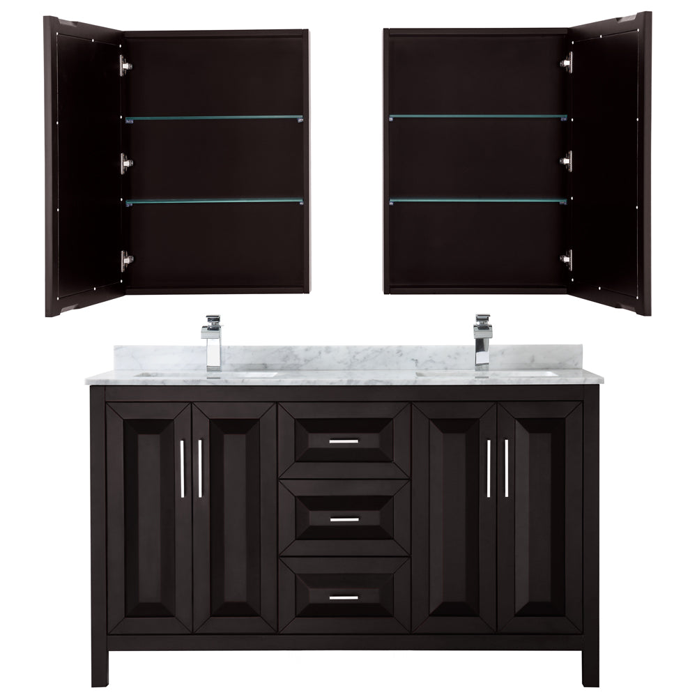 Daria 60" Double Vanity in Dark Espresso, Top, Square Sinks, Medicine Cabinets