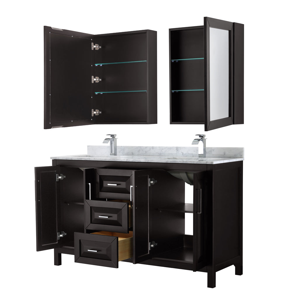 Daria 60" Double Vanity in Dark Espresso, Top, Square Sinks, Medicine Cabinets