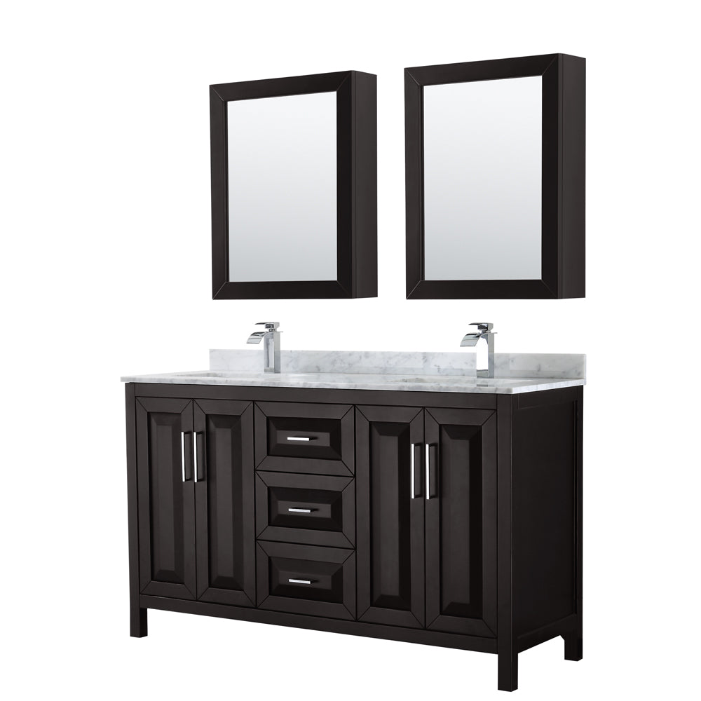 Daria 60 inch Double Bathroom Vanity in Dark Espresso, White Carrara Marble Countertop, Undermount Square Sinks, and Medicine Cabinets