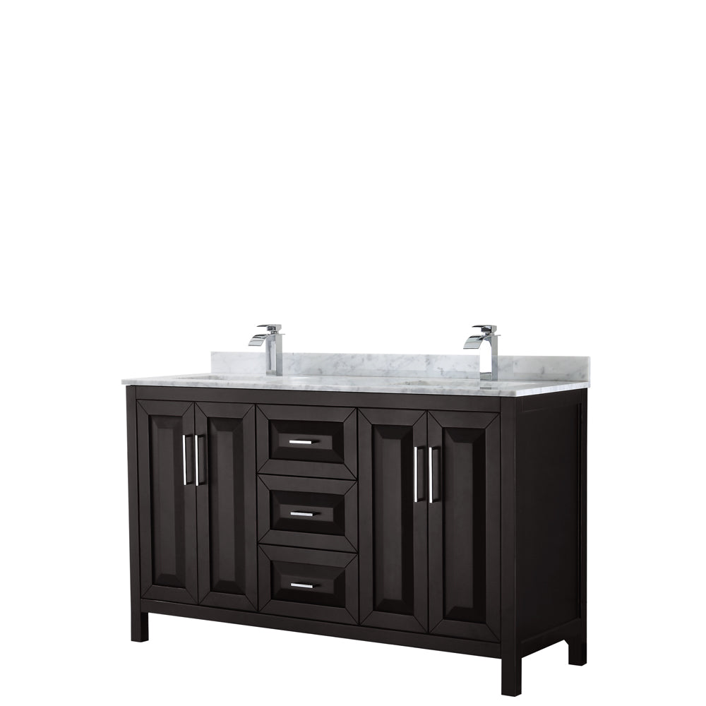 Daria 60 inch Double Bathroom Vanity in Dark Espresso, White Carrara Marble Countertop, Undermount Square Sinks, and No Mirror