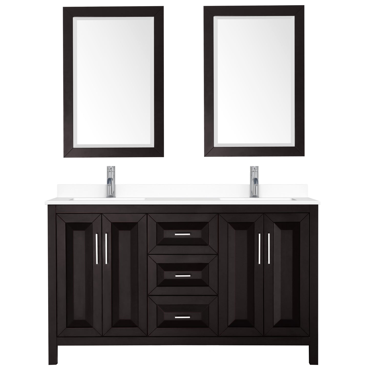 Daria 60" Double Vanity in Dark Espresso, White Cultured Marble Top, 24" Mirrors