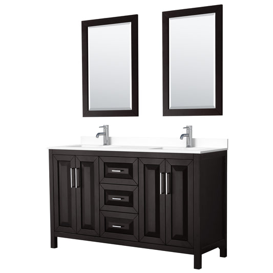 Daria 60" Double Vanity in Dark Espresso, White Cultured Marble Top, 24" Mirrors
