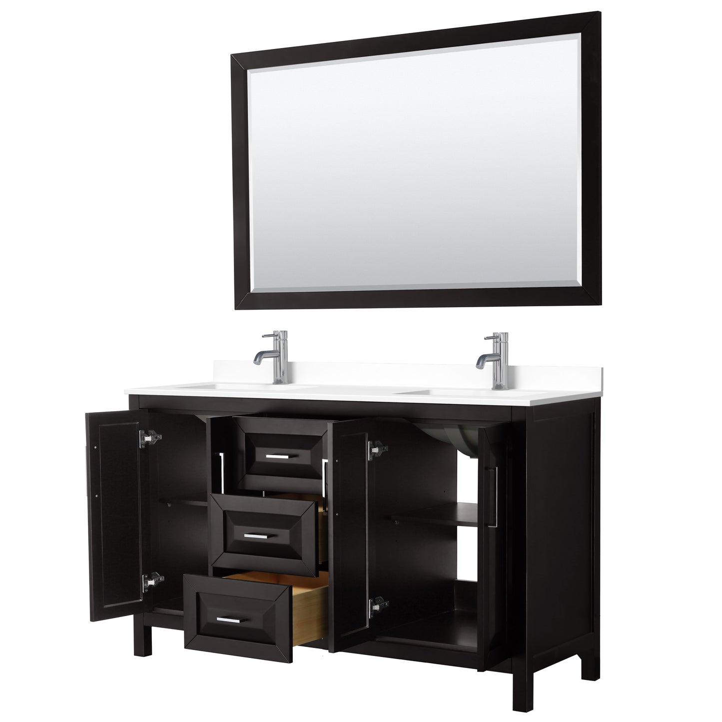 Daria 60" Double Vanity in Dark Espresso, White Cultured Marble Top, 58" Mirror