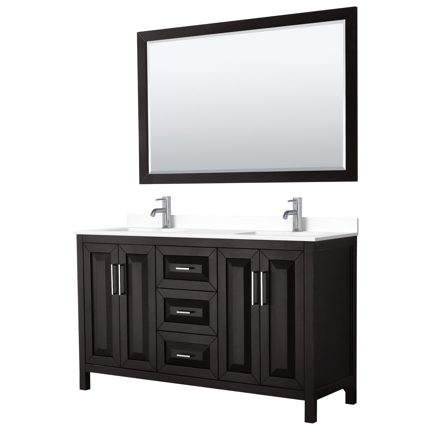 Daria 60" Double Vanity in Dark Espresso, White Cultured Marble Top, 58" Mirror