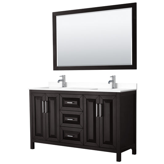 Daria 60" Double Vanity in Dark Espresso, White Cultured Marble Top, 58" Mirror
