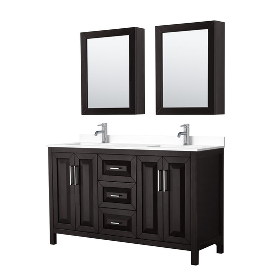 Daria 60" Espresso Double Vanity, White Cultured Marble Top, Medicine Cabinets