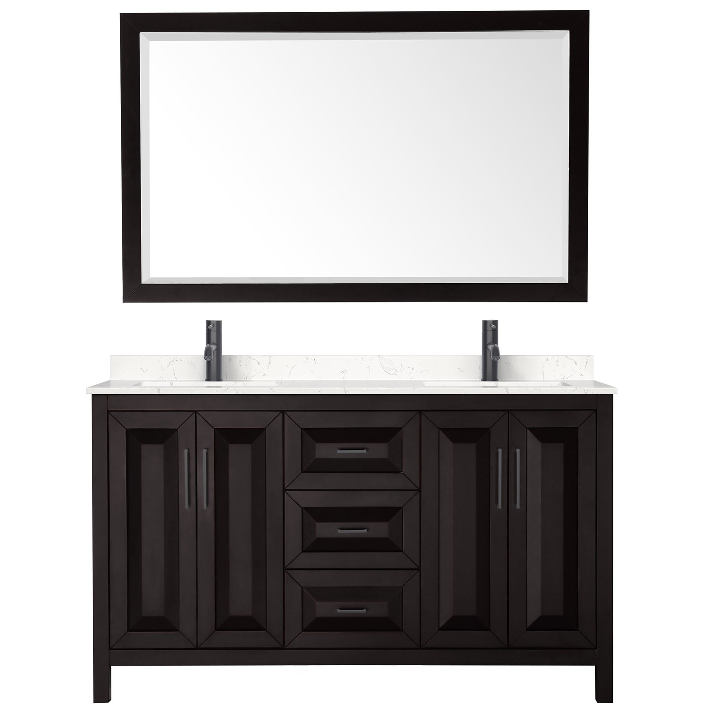 Daria 60" Espresso Double Vanity, Carrara Marble Top, Black Trim, 58" Mirror