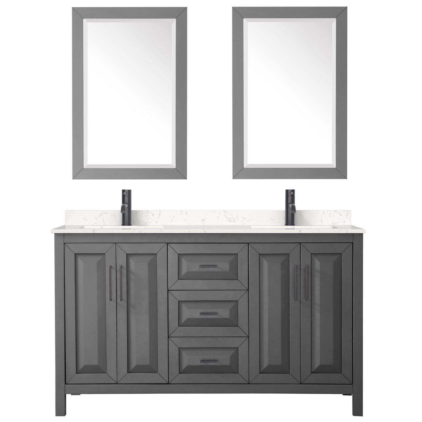 Daria 60" Dark Gray Double Vanity, Carrara Marble Top, Black Trim, 24" Mirrors