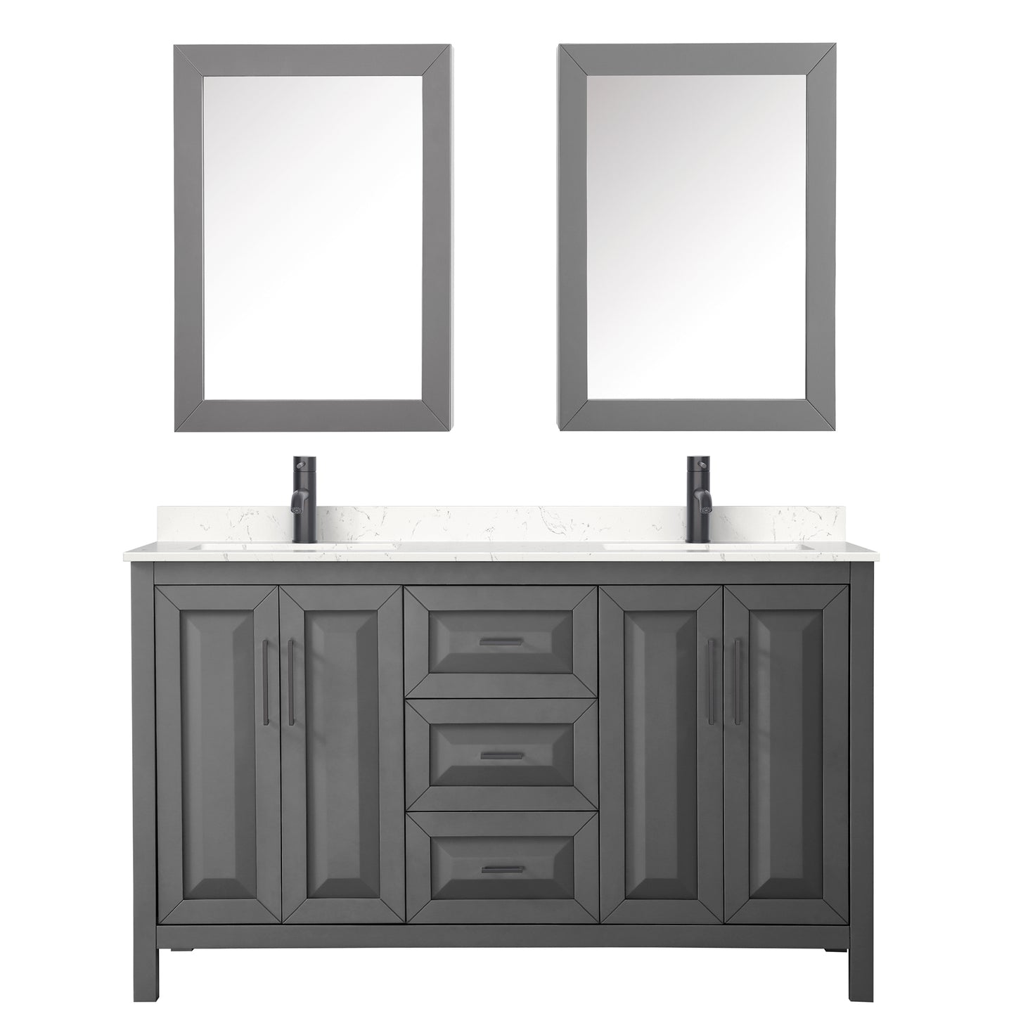 Daria 60" Gray Double Vanity, Carrara Marble Top, Black Trim, Medicine Cabinets
