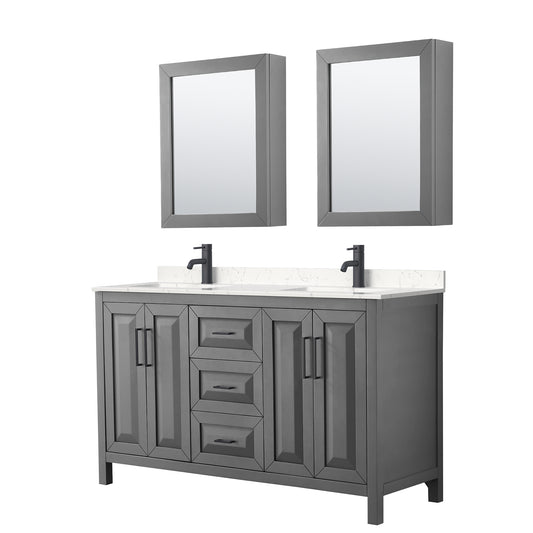 Daria 60" Gray Double Vanity, Carrara Marble Top, Black Trim, Medicine Cabinets