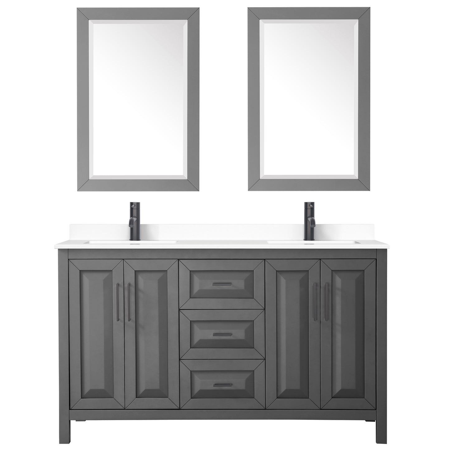 Daria 60" Double Vanity in Dark Gray, White Marble Top, Black Trim, 24" Mirrors