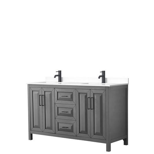 Daria 60" Double Vanity in Dark Gray, White Cultured Marble Top, Black Trim
