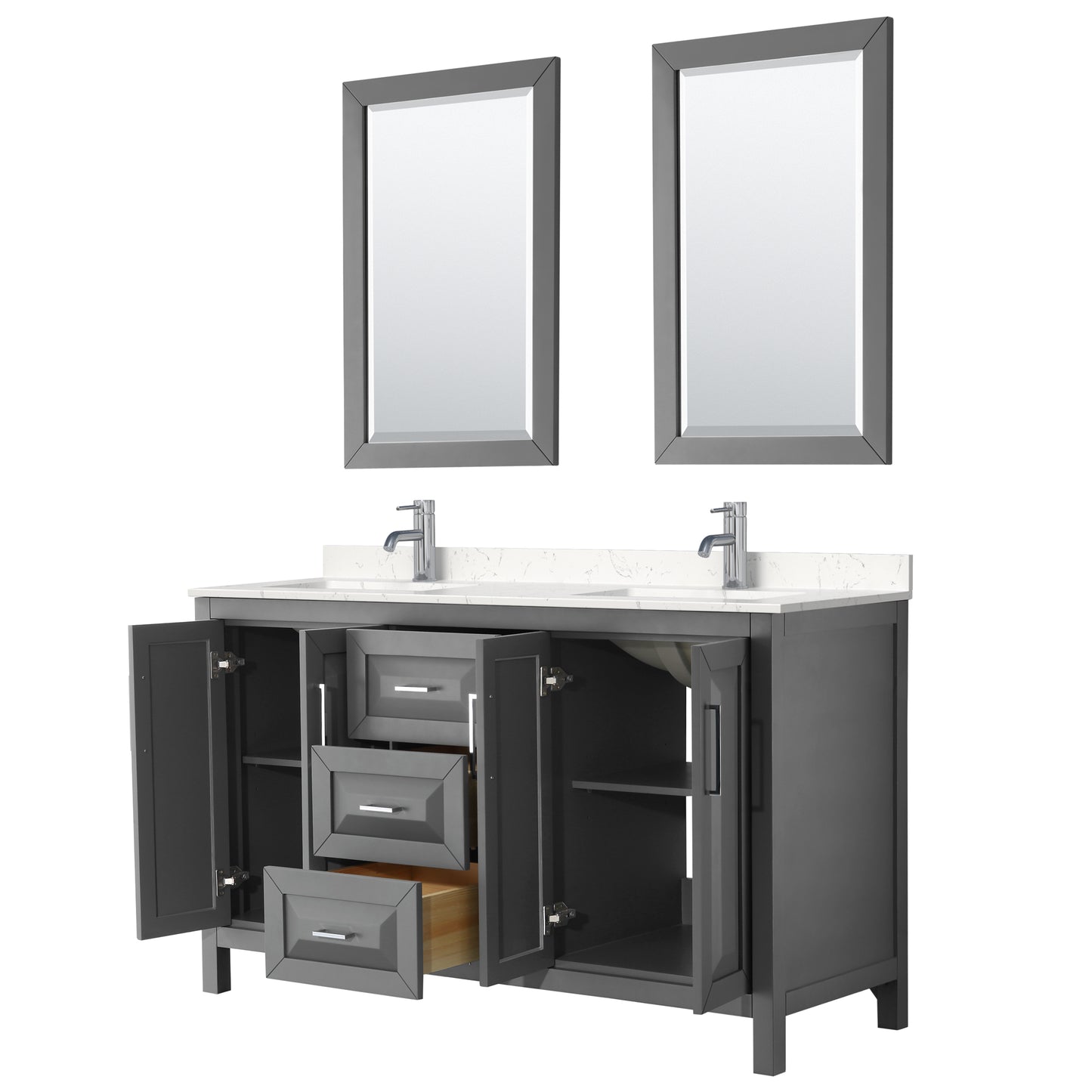 Daria 60" Double Vanity in Dark Gray, Carrara Cultured Marble Top, 24" Mirrors
