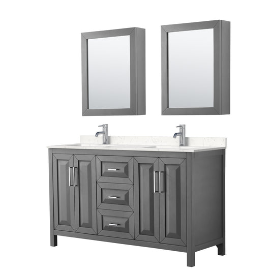 Daria 60" Double Vanity in Gray, Carrara Cultured Marble Top, Medicine Cabinets