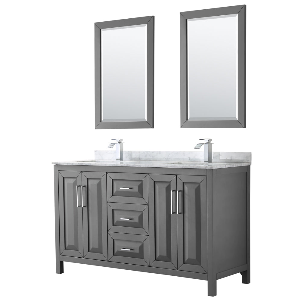 Daria 60 inch Double Bathroom Vanity in Dark Gray, White Carrara Marble Countertop, Undermount Square Sinks, and 24 inch Mirrors