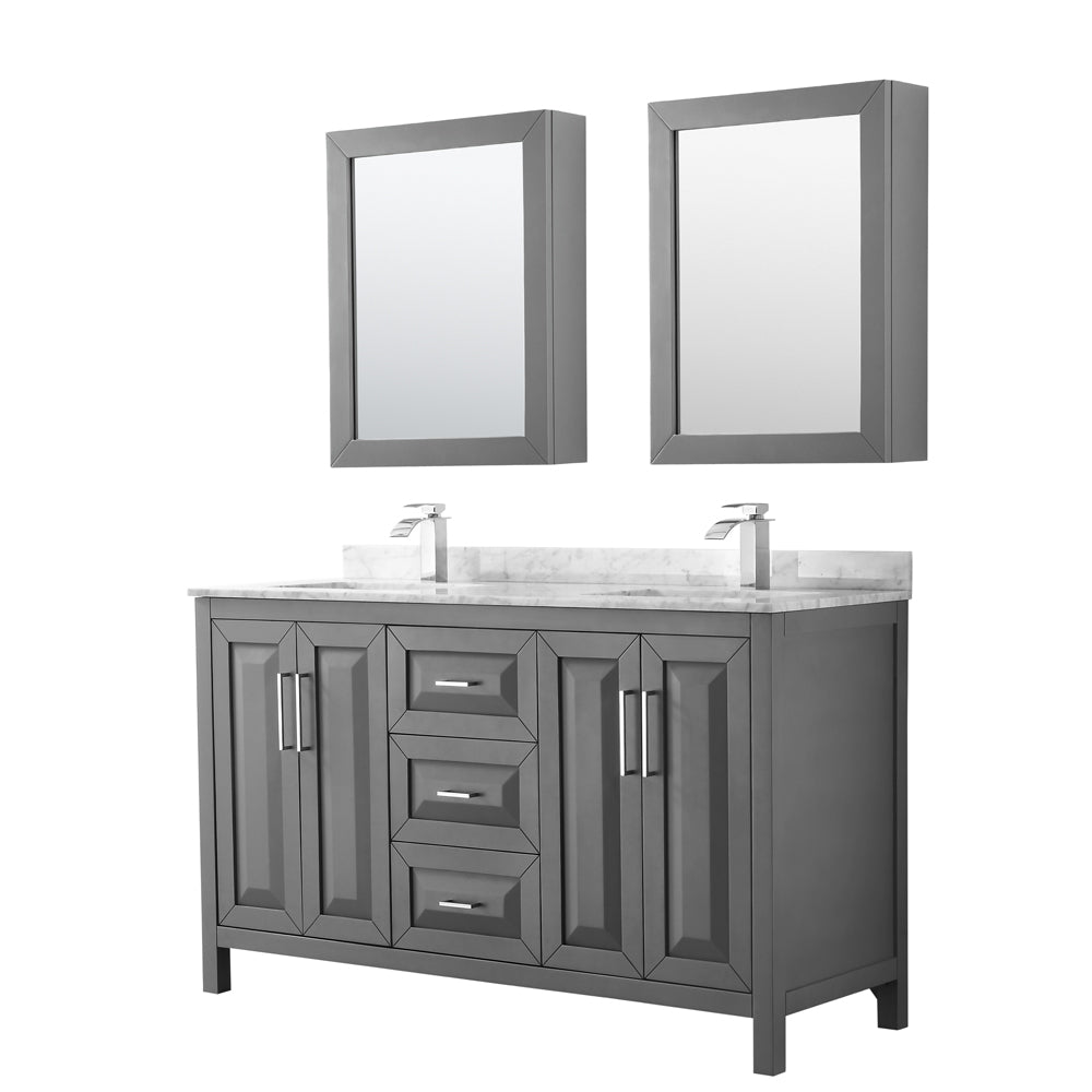 Daria 60 inch Double Bathroom Vanity in Dark Gray, White Carrara Marble Countertop, Undermount Square Sinks, and Medicine Cabinets