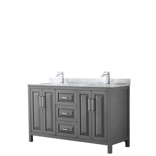 Daria 60 inch Double Bathroom Vanity in Dark Gray, White Carrara Marble Countertop, Undermount Square Sinks, and No Mirror