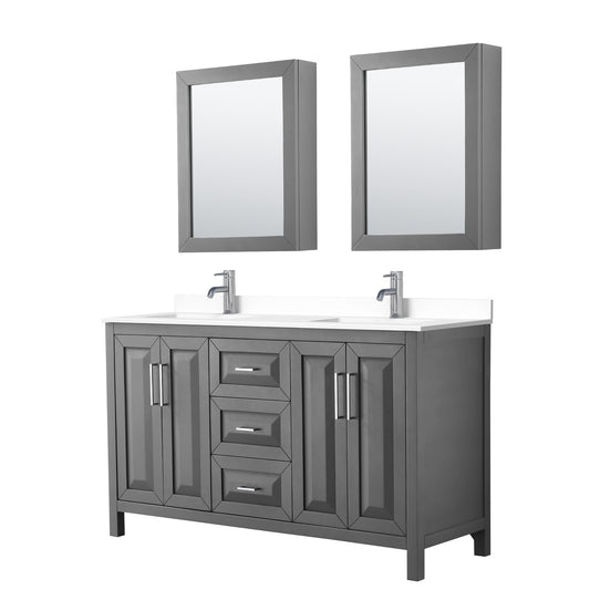 Daria 60" Double Vanity in Gray, White Cultured Marble Top, Medicine Cabinets