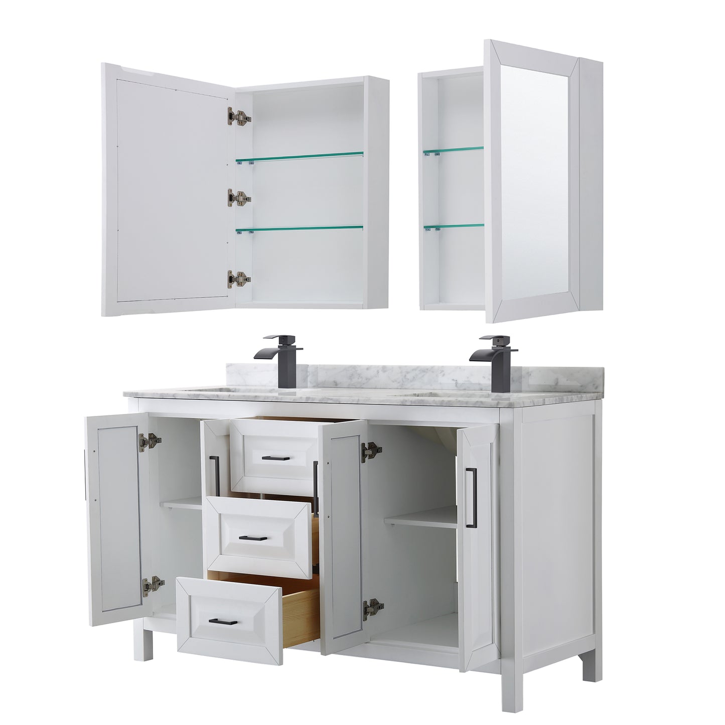 Daria 60" Double Vanity in White, Top, Black Trim, Medicine Cabinets