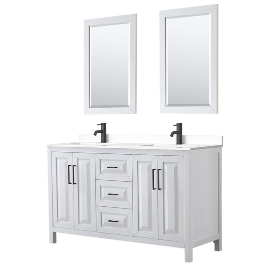 Daria 60" Double Vanity in White, White Marble Top, Black Trim, 24" Mirrors