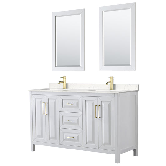 Daria 60" White Double Vanity, Carrara Marble Top, 24" Mirrors, Gold Trim