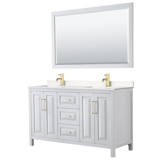 Daria 60" White Double Vanity, Carrara Marble Top, 58" Mirror, Brushed Gold Trim