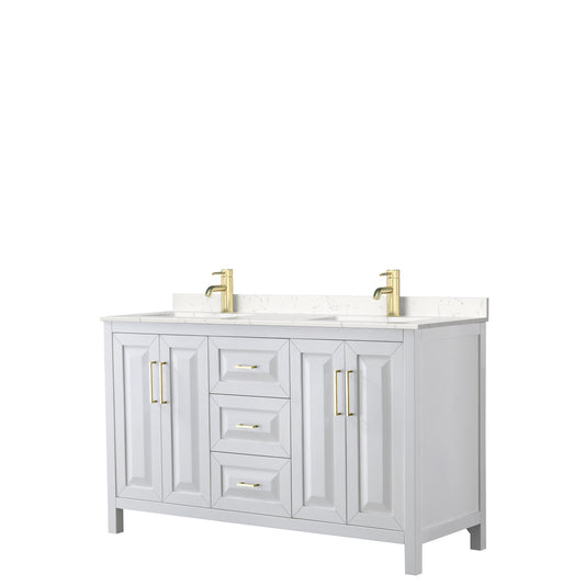 Daria 60" Double Vanity in White, Carrara Cultured Marble Top, Gold Trim