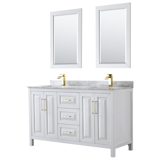 Daria 60" Double Vanity in White, Top, Square 24" Mirrors, Brushed Gold Trim
