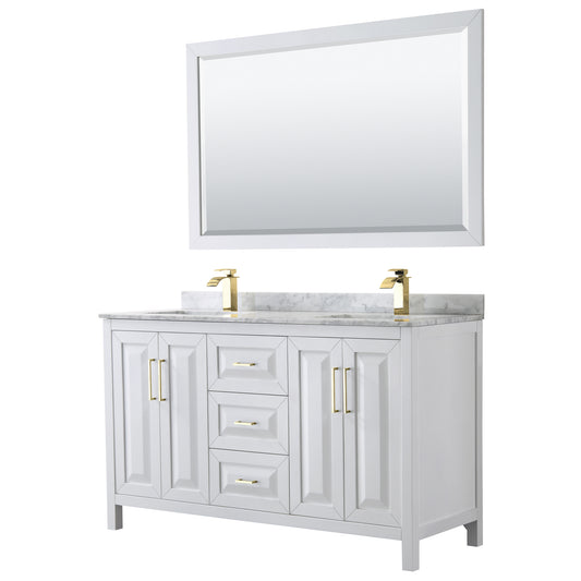Daria 60" Double Vanity in White, Top, Square 58" Mirror, Brushed Gold Trim