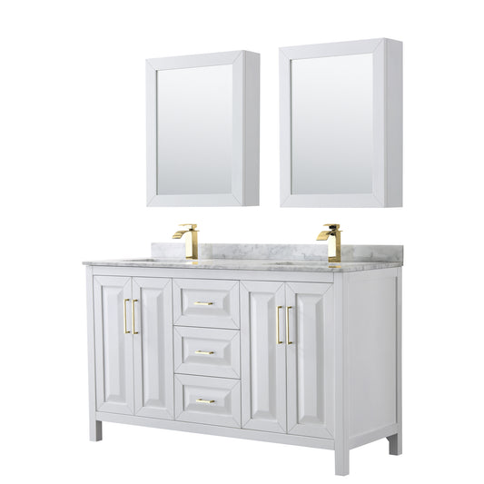 Daria 60" Double Vanity in White, Top, Medicine Cabinets, Brushed Gold Trim