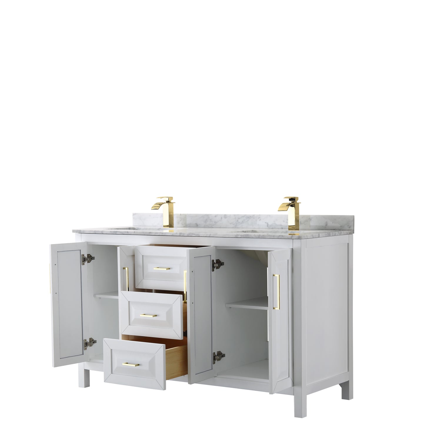 Daria 60" Double Vanity in White, Top, Square Sinks, Brushed Gold Trim