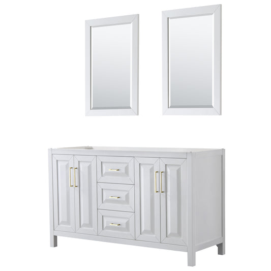 Daria 60" Double Vanity in White, No Top, No 24" Mirrors, Brushed Gold Trim