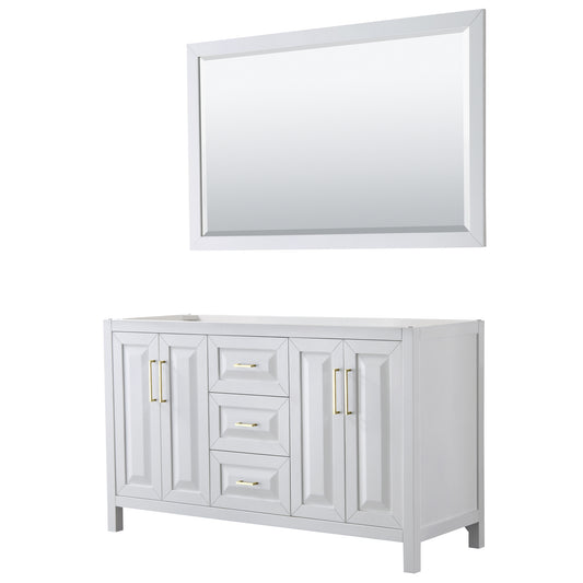 Daria 60" Double Vanity in White, No Top, No Sink, 58" Mirror, Brushed Gold Trim