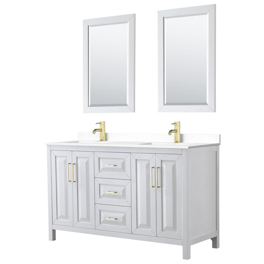 Daria 60" White Double Vanity, White Marble Top, 24" Mirrors, Brushed Gold Trim